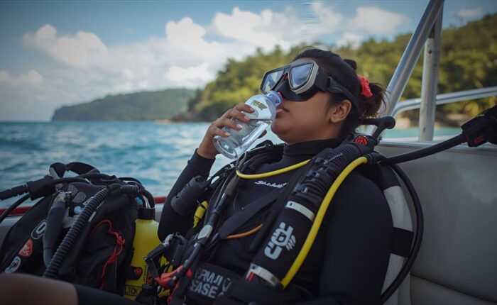 Responsible scuba diver resting safely on dive boat after diving in Costa Rica demonstrating proper post-dive behavior and safety protocols
