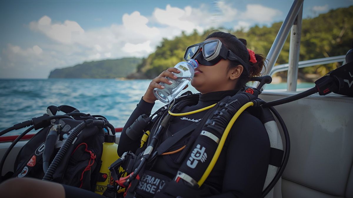 Responsible scuba diver resting safely on dive boat after diving in Costa Rica demonstrating proper post-dive behavior and safety protocols