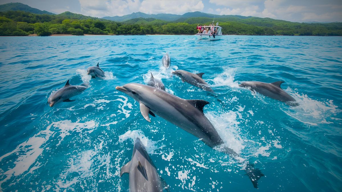 Pod of wild dolphins jumping and swimming in crystal clear Costa Rican waters with tropical coastline and tourists observing from boat