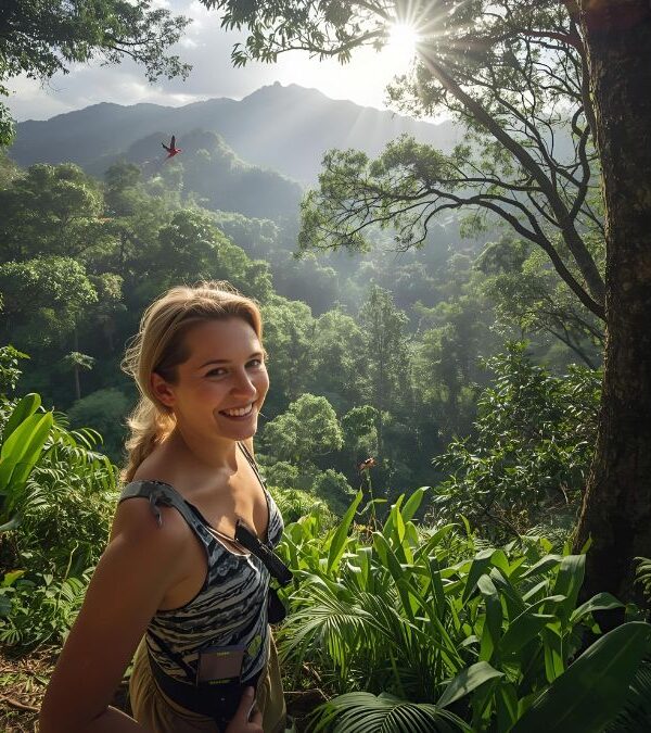 Ecotourism in Costa Rica featuring tourist hiking through tropical rainforest observing native toucan bird and wildlife