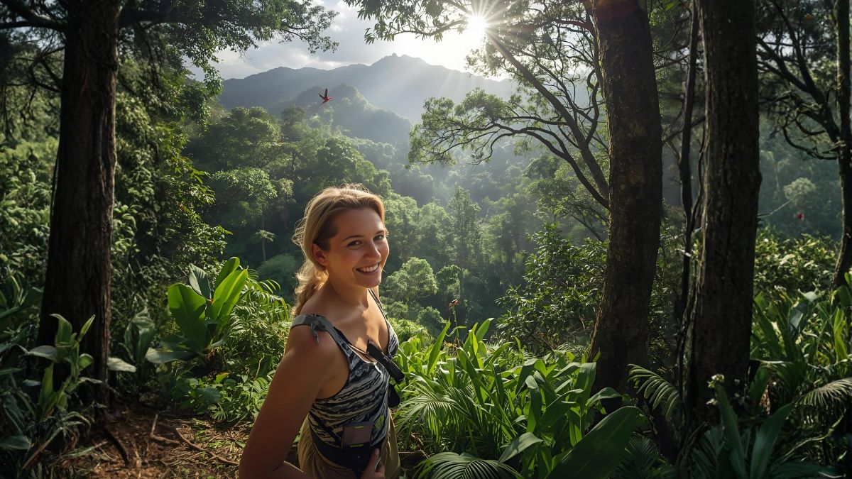 Ecotourism in Costa Rica featuring tourist hiking through tropical rainforest observing native toucan bird and wildlife