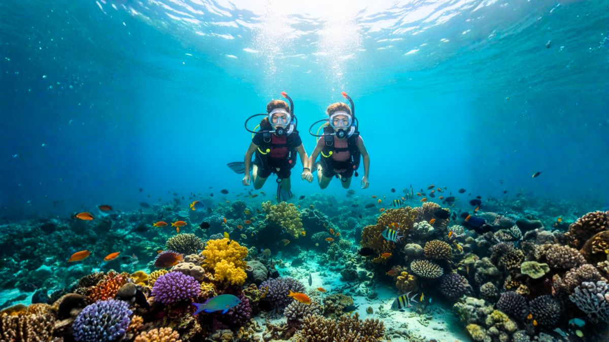 Parent and child scuba diving together in crystal clear Costa Rican waters surrounded by colorful tropical fish and coral reef