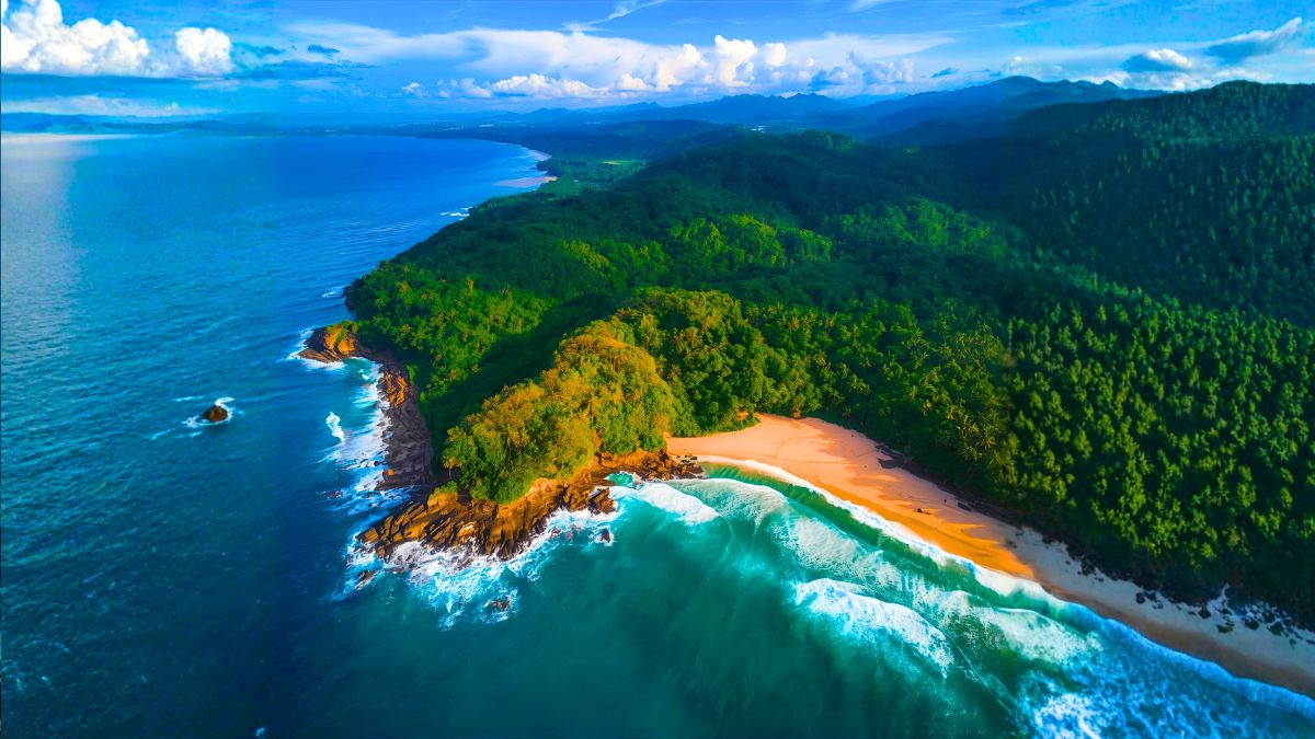 Aerial view of Osa Peninsula showing pristine tropical beach meeting lush rainforest jungle with turquoise ocean waters in Costa Rica