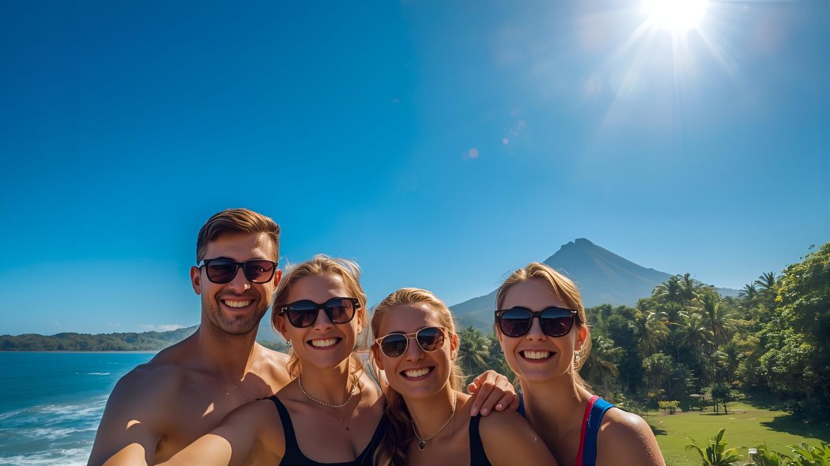 Tourists enjoying perfect sunny weather during Costa Rica winter dry season with beach activities, surfing and tropical paradise landscape under blue skies